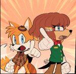 2023 2_tails anthro blue_eyes bottomless bottomwear brown_body brown_fur brown_hair canid canine clothed clothing digital_media_(artwork) draw_over echidna eyelashes facial_piercing female fox fur gesture hair hand_gesture hat headgear headwear hi_res lilo_(mobian_echidna) looking_at_viewer male mammal miles_prower monotreme multi_tail neck_bow nose_piercing nose_ring open_mouth piercing pointing ring_piercing sega serpi_lilo sonic_the_hedgehog_(series) tail topwear watermark