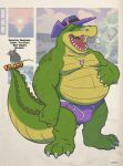 2024 3_toes 4_fingers alligator alligatorid anthro belly brok_(brok_the_investigator) brok_the_investigator bulge burping clothing crocodilian feet fingers green_body hat headgear headwear hi_res male moobs open_mouth overweight overweight_male reptile scalie solo spectral-bat toes underwear