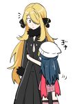  2girls black_coat black_dress black_pants blonde_hair blue_hair chibi closed_mouth coat cynthia_(pokemon) dawn_(pokemon) dress hair_over_one_eye hat hug hyaku_ae_mon long_hair long_sleeves looking_at_another multiple_girls pants pink_skirt pokemon pokemon_dppt red_scarf scarf skirt very_long_hair white_background white_headwear yuri 