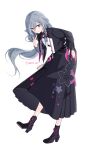  1girl black_footwear black_hanfu black_jacket black_shirt black_skirt flower_clothes fu_hua fu_hua_(herrscher_of_sentience) grey_hair hair_between_eyes hair_ornament hand_on_own_hip highres honkai_(series) honkai_impact_3rd jacket long_hair looking_at_viewer multicolored_hair official_alternate_costume open_clothes open_jacket pointing pointing_at_self red_eyes shirt simple_background skirt smile solo standing standing_on_one_leg streaked_hair twitter_username white_background white_hair yellow_pupils yuhuria_52 