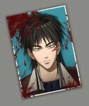  1boy black_hair black_shirt blood blood_splatter bomber_jacket brown_jacket closed_mouth commentary_request expressionless grey_background grey_eyes itou_kaiji jacket kaiji long_hair looking_at_viewer ma0b00 male_focus photo_(object) shirt sidelocks solo upper_body 