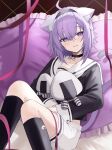  1girl animal_ears black_collar black_hairband black_socks cat_ears cat_tail collar hairband haruwo highres hololive nekomata_okayu nekomata_okayu_(3rd_costume) onigirya_(nekomata_okayu) pillow purple_eyes purple_hair sailor_collar shorts smile socks tail virtual_youtuber white_shorts 