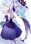  1girl absurdres bare_shoulders blue_archive blue_gemstone demon_horns demon_wings dress earrings elbow_gloves from_side gem gloves hair_bun halo highres hina_(blue_archive) hina_(dress)_(blue_archive) horns jewelry multiple_horns necklace official_alternate_costume open_mouth pantyhose purple_dress purple_eyes purple_gloves purple_pantyhose solo strapless strapless_dress white_hair wings yoku_soy zoom_layer 