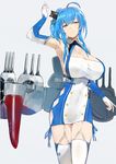  ahoge argyle_cutout arm_up armpits azur_lane bangs bare_shoulders blue_hair blue_ribbon breasts buttons cleavage commentary elbow_gloves eyebrows_visible_through_hair garter_straps gloves grey_background hair_tie halter_top halterneck hat highres huge_breasts long_hair looking_at_viewer parted_lips pen_(pen3) red_eyes ribbon side_ponytail sideboob simple_background solo st._louis_(azur_lane) standing thighhighs turret white_legwear 