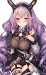  1girl arknights bare_shoulders black_hairband breasts cleavage cleavage_cutout clothing_cutout commentary hairband highres horns large_breasts long_hair long_sleeves looking_at_viewer off_shoulder parted_lips purple_eyes purple_hair simple_background sitting snm_(sunimi) solo thigh_strap thighs typhon_(arknights) very_long_hair white_background 