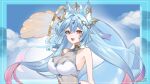  1girl animal_ear_fluff animal_ears bare_shoulders bikini blue_gemstone blue_hair blue_horns breasts cat_ears cleavage cloud colored_inner_hair commission dragon_horns dragon_tail facial_mark future_legends gem gem_hair_ornament gold_choker hair_between_eyes hair_ornament highres horns k_(art71) large_breasts long_hair multicolored_hair open_mouth pink_eyes pink_hair raivy_(vtuber) see-through see-through_cleavage skeb_commission sky solo swimsuit tail thank_you twitter_username upper_body virtual_youtuber whisker_markings white_bikini 
