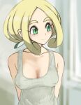  1girl bare_arms bare_shoulders blonde_hair breasts cleavage collarbone curtained_hair green_eyes haloh highres large_breasts pokemon pokemon_xy sleeveless solo tank_top upper_body viola_(pokemon) white_tank_top 