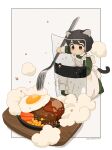  1girl akai_sashimi animal_ears apron artist_name black_eyes black_hair blush border carrot cat_ears cat_tail closed_mouth corn double-parted_bangs dress fork fried_egg frilled_apron frills full_body green_dress grey_background highres holding holding_fork light_frown long_sleeves looking_at_object maid original outside_border oversized_object revision riot_shield shield short_hair simple_background skillet smoke solo straight_hair tail v-shaped_eyebrows white_apron white_border 
