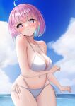  1girl @_@ absurdres ahoge beach bikini blue_hair blue_nails blue_sky blush bob_cut breasts cleavage cloud colored_inner_hair highres hololive large_breasts looking_at_viewer minato_aqua mitsu_3_33 multicolored_hair nail_polish pink_hair purple_eyes short_hair side-tie_bikini_bottom simple_background sky smile solo swimsuit two-tone_hair virtual_youtuber wading water white_bikini 