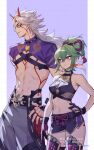  1boy 1girl arataki_itto black_nails breasts dated ear_piercing fingernails genshin_impact gloves green_hair grey_hair hair_between_eyes hand_on_own_hip highres horns japanese_clothes kuki_shinobu long_hair medium_breasts midriff multicolored_hair nail_polish ojo_aa partially_fingerless_gloves piercing ponytail purple_eyes red_eyes red_hair red_horns sharp_fingernails shorts signature simple_background toned toned_male vision_(genshin_impact) 