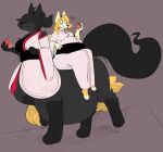  abdominal_bulge anthro belly big_belly black_body black_fur black_hair blonde_hair canid canine digital_media_(artwork) duo eating female fox fur hair hi_res inky_entropy long_tail mammal tail taur vore 