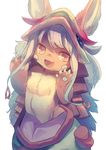  :3 :d animal_ears commentary_request ears_through_headwear fang feet_out_of_frame furry hands_up hat long_hair looking_at_viewer made_in_abyss manino_(mofuritaionaka) nanachi_(made_in_abyss) open_mouth orange_eyes paws puffy_pants silver_hair simple_background smile solo standing topless whiskers white_background 