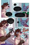 bastriw beverage blush brown_eyes canid canine canis clothing coffee comic dialogue domestic_cat domestic_dog felid feline felis fernando_(bastriw) flustered hi_res male mammal pato_(bastriw) purple_eyes text