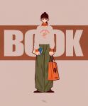  1girl bag black_eyes black_footwear black_hair blending blunt_bangs book english_text green_pants grey_shirt highres holding holding_bag holding_book looking_at_viewer orange_sweater original pants ponytail print_shirt shirt shoes solo sweater syooooyoooo 