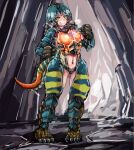 animal_humanoid blue_body blue_hair blue_scales blush blush_lines bodily_fluids brown_body brown_scales butt_from_the_front capcom cave claws dodogama fanged_wyvern female green_body green_eyes green_scales green_stripes grey_claws hair hi_res humanoid koburatuisut lizard_humanoid looking_at_viewer monster_hunter navel orange_body orange_scales reptile reptile_humanoid scales scalie scalie_humanoid short_hair solo stripes sweat sweatdrop tail tailed_humanoid tan_body tan_skin thick_thighs tongue tongue_out wide_hips