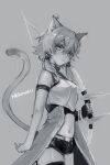  1girl absurdres animal_ears armor bow_(weapon) breastplate breasts cat_ears cat_girl cat_tail greyscale hair_ribbon hibiya_saeki highres holding holding_bow_(weapon) holding_weapon medium_breasts midriff monochrome navel ribbon short_hair short_hair_with_long_locks short_shorts shorts sidelocks sinon sinon_(sao-alo) sketch solo stomach sword_art_online tail weapon 