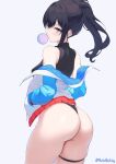  1girl ass bikini black_bikini black_hair blue_eyes bubble_blowing chewing_gum commentary gridman_universe highres jacket long_sleeves looking_at_viewer looking_back nutsbutty ponytail solo ssss.gridman swimsuit takarada_rikka thigh_strap thighs thong_bikini white_background 