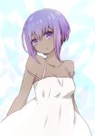  bangs blue_background blush breasts cleavage collarbone dark_skin dress fate/prototype fate/prototype:_fragments_of_blue_and_silver fate_(series) hassan_of_serenity_(fate) head_tilt i.u.y looking_at_viewer parted_lips purple_eyes purple_hair short_hair sidelocks sleeveless sleeveless_dress small_breasts solo strap_slip sundress tareme upper_body white_dress 
