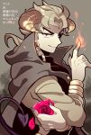  1boy black_cape black_sclera blue_eyes brown_horns cape closed_mouth colored_sclera demon_tail dio_brando fingernails fire flower grey_hair horns jojo_no_kimyou_na_bouken kotorai long_sleeves looking_at_viewer male_focus muted_color petals pink_flower pink_rose pyrokinesis red_eyes rose rose_petals sharp_fingernails short_hair smile solo tail translation_request 