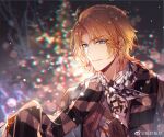  1boy ahoge bare_tree blonde_hair blue_eyes blurry blurry_background brown_jacket brown_scarf christmas christmas_lights christmas_tree christmas_tree_earrings closed_mouth clothes_lift curtained_hair ear_piercing earrings gloves jacket jewelry lars_rorschach lens_flare long_sleeves looking_at_viewer lovebrush_chronicles male_focus multiple_scarves nevakuma_(fanfanas) night orange_gloves parted_bangs patterned_clothing piercing scarf shirt short_hair smile snowing solo striped_clothes striped_scarf stud_earrings tree upper_body weibo_logo weibo_username white_scarf white_shirt 