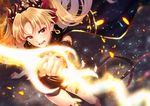  anklet asymmetrical_legwear asymmetrical_sleeves bad_id bad_pixiv_id bangs black_cape blonde_hair blush cape commentary_request detached_sleeves earrings embers ereshkigal_(fate/grand_order) fate/grand_order fate_(series) fur-trimmed_cape fur_trim glowing glowing_weapon hair_ribbon holding holding_weapon infinity jewelry kurono_kito light_particles long_hair looking_at_viewer open_mouth parted_bangs red_eyes red_ribbon ribbon single_detached_sleeve single_sleeve single_thighhigh solo thighhighs tiara two_side_up weapon 