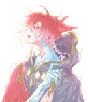  1boy ahoge animal_ears braid cat_ears crystal_exarch fang final_fantasy final_fantasy_xiv g&#039;raha_tia hand_up hooded_robe male_focus open_mouth profile red_eyes red_hair robe simple_background solo tladpwl03 white_background 