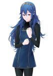  1girl ameno_(a_meno0) black_sweater blue_eyes blue_hair closed_mouth fire_emblem fire_emblem_awakening hair_between_eyes jewelry long_hair long_sleeves lucina_(fire_emblem) ribbed_sweater ring simple_background smile solo sweater tiara turtleneck turtleneck_sweater white_background 