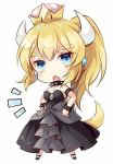  1girl bare_shoulders black_dress blonde_hair blue_eyes bowsette bracelet breasts brooch chibi choker cleavage dress earrings eyebrows_visible_through_hair fang horns jewelry long_hair looking_at_viewer mario_(series) medium_breasts new_super_mario_bros._u_deluxe nintendo open_mouth pointy_ears sharp_teeth shell smile solo spiked_bracelet spikes super_crown tail teeth 