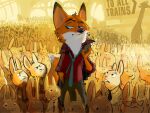 ambiguous_gender anthro blue_eyes buckteeth clothing colored concept_art countershading disney fur group hand_in_pocket head_tuft lagomorph larger_pred leporid light lighting looking_at_another looking_down looking_up male mammal necktie nick_wilde official_art orange_body orange_fur pockets rabbit red_clothing red_shirt red_topwear shaded shirt size_difference smaller_prey solo standing tan_body tan_countershading teeth text topwear tuft unknown_artist yellow_lighting zootopia