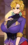  1girl alternate_breast_size black_sweater blonde_hair blurry blurry_background breasts briar_(pokemon) depth_of_field earrings eyelashes hair_between_eyes hand_on_own_chest highres jacket jewelry kinakosuki large_breasts lips looking_at_viewer open_mouth pants pokemon pokemon_sv purple_jacket red_eyes red_pants ribbed_sweater shirt short_hair smile solo standing sweater sweater_under_jacket upper_body 