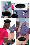 bastriw brown_eyes canid canine canis clothing comic dialogue domestic_cat domestic_dog eyes_closed felid feline felis fernando_(bastriw) hi_res kissing male mammal pato_(bastriw) purple_eyes romantic text