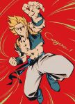  1boy blonde_hair blue_eyes blue_footwear blue_sash character_name clenched_hand closed_mouth dragon_ball dragon_ball_z gcckg gogeta highres looking_at_viewer male_focus metamoran_vest muscular muscular_male red_background sash shoes simple_background solo super_saiyan 