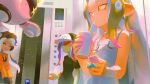  3girls agent_8_(splatoon) baseball_cap black_dress black_hair colored_skin cup dark-skinned_female dark_skin dedf1sh dress drinking_straw drinking_straw_in_mouth elevator green_skin hat headphones highres holding holding_cup lilpong2 long_hair marina_(splatoon) multicolored_hair multiple_girls octoling_girl octoling_player_character pearl_drone_(splatoon) red_hair splatoon_(series) splatoon_3 splatoon_3:_side_order tentacle_hair vending_machine 