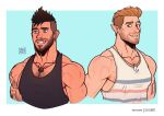  2boys bara beard beard_stubble black_tank_top blonde_hair crescent crescent_necklace cropped_torso dark-skinned_male dark_skin drake_(yeiko_art) elf facial_hair full_beard grin hairy jewelry male_focus mature_male multiple_boys muscular muscular_male necklace original pectoral_cleavage pectorals pointy_ears short_hair sidepec smile stubble tank_top thick_chest_hair thick_eyebrows trevor_(yeiko_art) two-tone_background veins veiny_arms white_tank_top yeiko_art 