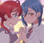  2girls blue_eyes blue_hair blush closed_mouth coat collared_shirt commentary_request dress furrowed_brow grey_dress holding_hands interlocked_fingers jenny_(artist) looking_at_another looking_to_the_side love_live! love_live!_superstar!! medium_hair multiple_girls neck_ribbon orange_eyes red_hair ribbon school_uniform shirt short_hair summer_uniform upper_body wakana_shiki white_coat white_shirt yoneme_mei yuigaoka_school_uniform yuri 