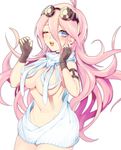  1girl ahoge belly blonde_hair blue_eyes blush breasts danganronpa fingerless_gloves gloves goggles goggles_on_head gpnet iruma_miu long_hair midriff navel new_danganronpa_v3 open_mouth solo sweater virgin_killer_sweater wink 