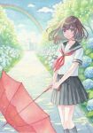  1girl brown_eyes brown_hair day flower grin highres holding holding_umbrella hydrangea k.nishiyama long_hair looking_at_viewer neckerchief original outdoors painting_(medium) pleated_skirt rainbow school_uniform serafuku short_sleeves skirt sky smile socks solo traditional_media tree umbrella watercolor_(medium) 