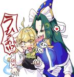  2girls blonde_hair blue_dress blush bow braid breasts dress green_eyes green_hair hair_bow hat heart kirisame_marisa kuma_xylocopa licking licking_ear long_hair mima_(touhou) multiple_girls pointy_hat shirt simple_background single_braid spoken_heart tears tongue tongue_out touhou touhou_(pc-98) white_background white_shirt witch_hat yellow_eyes yuri 