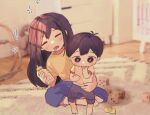  1boy 1girl aged_down antenna_hair baby_bottle black_hair blue_pants bottle brother_and_sister closed_eyes drooling finger_sucking hair_between_eyes holding holding_bottle long_hair mari_(faraway)_(omori) mari_(omori) omori pacifier pants photo_background red_trim shirt short_hair short_sleeves siblings sike_(dvh_04) sitting squeans sunny_(omori) yellow_shirt 