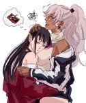  2girls :t angry artist_request bare_shoulders black_choker black_eyes black_hair black_jacket blunt_bangs breast_press breasts chocolate choker closed_mouth dark-skinned_female dark_skin earrings eyebrows_hidden_by_hair eyes_visible_through_hair glasses hair_ornament half-closed_eyes happy highres hug interracial jacket jewelry large_breasts leaning leaning_forward leaning_on_person long_hair metallic_rouge multicolored_hair multiple_girls naomi_orthmann neck non-web_source off_shoulder open_mouth pink_eyes ponytail purple_hair red_jacket rouge_redstar round_teeth simple_background sleeveless sleeveless_turtleneck smile spoken_chocolate spoken_food teeth turtleneck two-tone_hair upper_teeth_only white_background white_hair yuri 