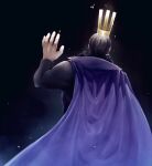  1boy black_background black_hair cape commentary_request crown desha_(ousama_ranking) facing_away from_behind hand_up highres long_sleeves male_focus ousama_ranking purple_cape solo upper_body waataaanaaaaabe 