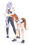  2girls animal_ears bent_over black_footwear black_shorts black_socks braid braided_ponytail breath commentary_request full_body glasses hands_on_own_knees highres holding_thermos horse_ears horse_girl horse_tail ikuno_dictus_(umamusume) leggings long_hair looking_at_viewer mejiro_mcqueen_(umamusume) multiple_girls orange_hair purple_hair round_eyewear shirt shoes shorts sideways_mouth simple_background sinnra_art socks sports_bra standing sweat tail tail_through_clothes tank_top thermos umamusume very_sweaty white_background white_shirt 