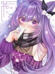  1girl absurdres bare_shoulders black_ribbon black_scarf bow cellphone cone_hair_bun genshin_impact hair_bow hair_bun hair_ribbon highres holding holding_phone keqing_(genshin_impact) keqing_(lantern_rite)_(genshin_impact) long_hair long_sleeves looking_at_viewer phone purple_eyes purple_hair purple_sweater ribbon saigasai scarf smartphone solo sweater upper_body very_long_hair white_bow 