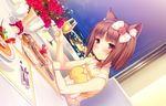  animal_ears azuki_(sayori) blush brown_eyes brown_hair building catgirl city drink flowers food game_cg nekopara night rose sayori short_hair sky wristwear 