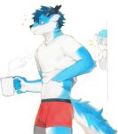 2024 5_fingers absurd_res anthro blue_body blue_eyes blue_fur blush claws clothed clothing clothing_lift container cup deer duo fingers fur hair hi_res holding_container holding_cup holding_object horn hot_drink looking_at_another looking_away male mammal red_clothing red_underwear shirt shirt_lift solo_focus tail text topwear underwear white_body white_fur yuuko891