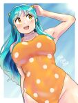  1girl blush breasts green_hair highres horns kenken28937178 large_breasts long_hair lum one-piece_swimsuit oni open_mouth orange_one-piece_swimsuit smile solo swimsuit urusei_yatsura yellow_eyes 