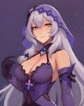  1girl absurdres bare_shoulders black_gloves black_swan_(honkai:_star_rail) breasts cleavage commentary covered_navel desm0nt dress elbow_gloves gloves grey_hair grin highres honkai:_star_rail honkai_(series) large_breasts long_hair looking_at_viewer parted_lips purple_background purple_dress sleeveless sleeveless_dress smile solo upper_body veil very_long_hair yellow_eyes 