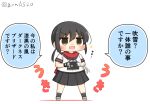  1girl black_hair black_sailor_collar black_skirt blue_neckerchief brown_eyes chibi commentary_request fubuki_(kancolle) fubuki_kai_ni_(kancolle) full_body goma_(yoku_yatta_hou_jane) kantai_collection low_ponytail medium_hair neckerchief open_mouth pleated_skirt red_scarf sailor_collar scarf school_uniform serafuku shirt short_ponytail short_sleeves sidelocks simple_background skirt solo standing translation_request twitter_username wavy_mouth white_background white_shirt 