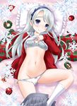  asymmetrical_bangs bangs blush bow bow_bra bow_panties bra checkered checkered_scarf christmas_ornaments clothes_lift cowboy_shot grey_bra grey_sailor_collar grey_skirt hairband highres kantai_collection lifted_by_self long_hair looking_at_viewer midriff navel neko_danshaku o-ring o-ring_bottom o-ring_panties on_bed panties pillow pleated_skirt purple_eyes purple_hairband sagiri_(kantai_collection) sailor_collar scarf school_uniform serafuku silver_hair skirt snowflakes solo swept_bangs underwear white_legwear white_panties wreath 