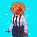  1girl black_necktie black_pants collared_shirt cowboy_shot dark-skinned_female dark_skin elodie_simon hair_over_one_eye highres long_sleeves looking_at_viewer necktie pants purple_eyes shirt shirt_tucked_in solo splatoon_(series) splatoon_3 suspenders tao_blu_(splatoon) white_shirt 